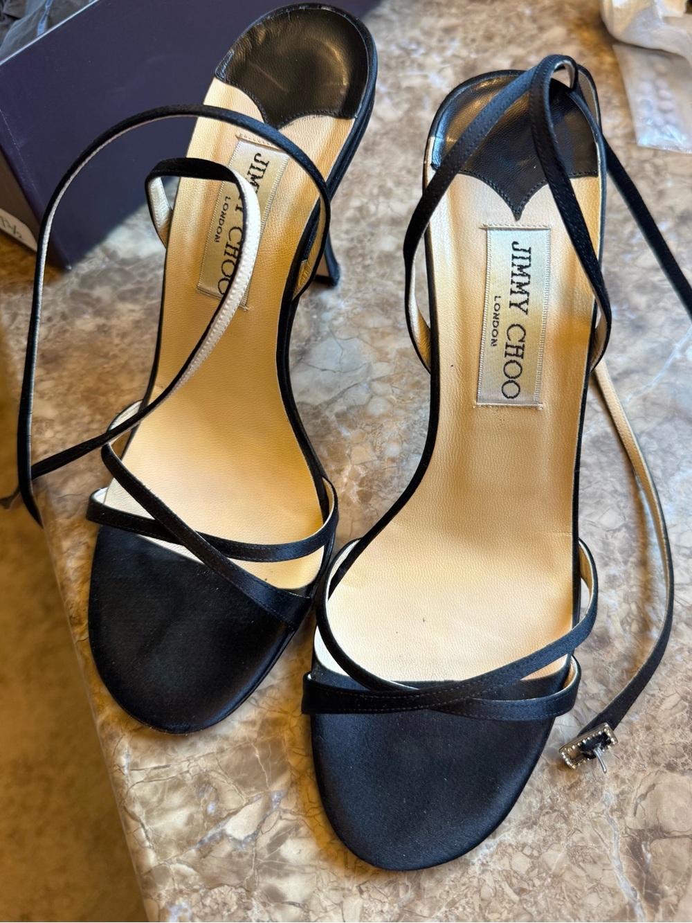 Jimmy Choo Black Strappy Satin Women's Sandals. 3in heel  size 7.5